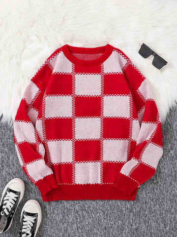 New Popular Autumn Winter Plaid Jacquard Pattern Pullover Sweater Casual Round Neck Contrast Color Knitted Men's Pullover